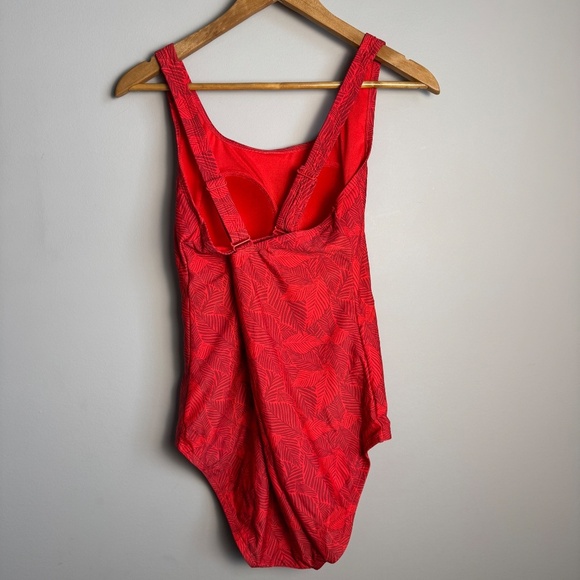 ROOTS Women's One-Piece Swimsuit 14 Allover Leaf Print Criss-Cross Straps Red - Picture 3 of 15